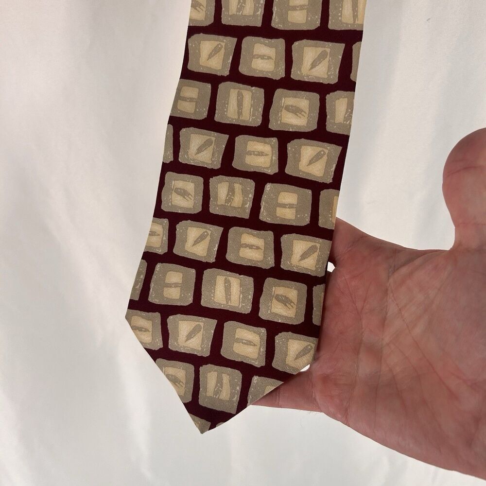Boss Hugo Boss Tie Men's 58 Red Ivory Blocks 100% Silk 4" Wide